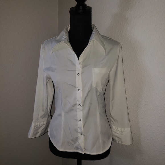 Ladies White Button Down Blouse with Buckles - Picture 5 of 10